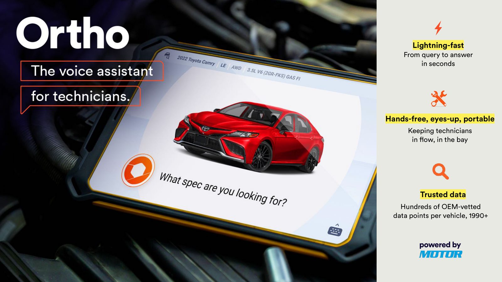 HeyOrtho in a repair bay — tablet with voice interface mounted on a lift