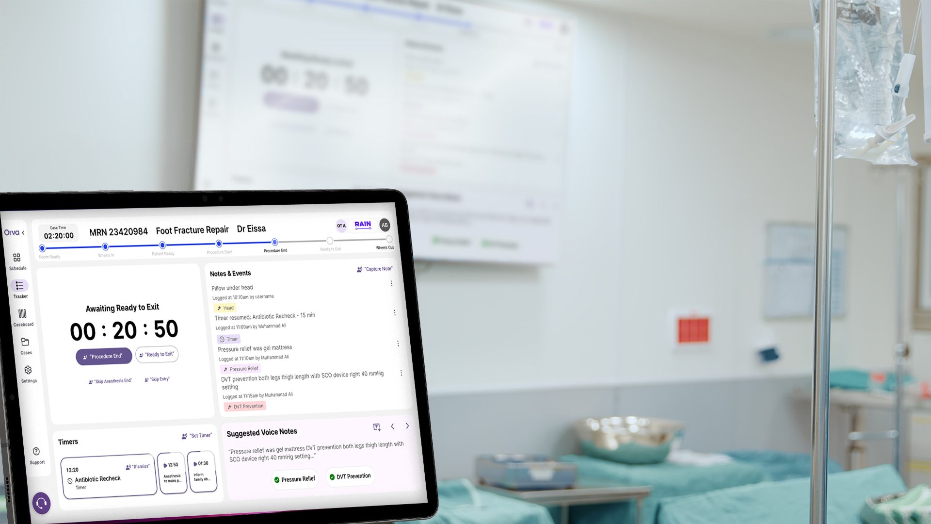 Orva Case Tracker — tablet interface showing perioperative milestone tracking in the operating theatre
