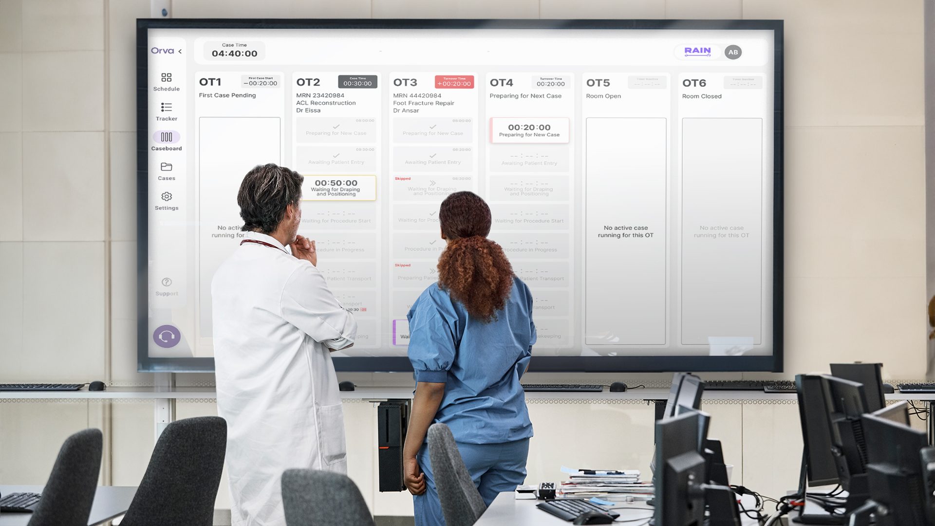 Orva Caseboard — large display showing real-time status of all operating theatres