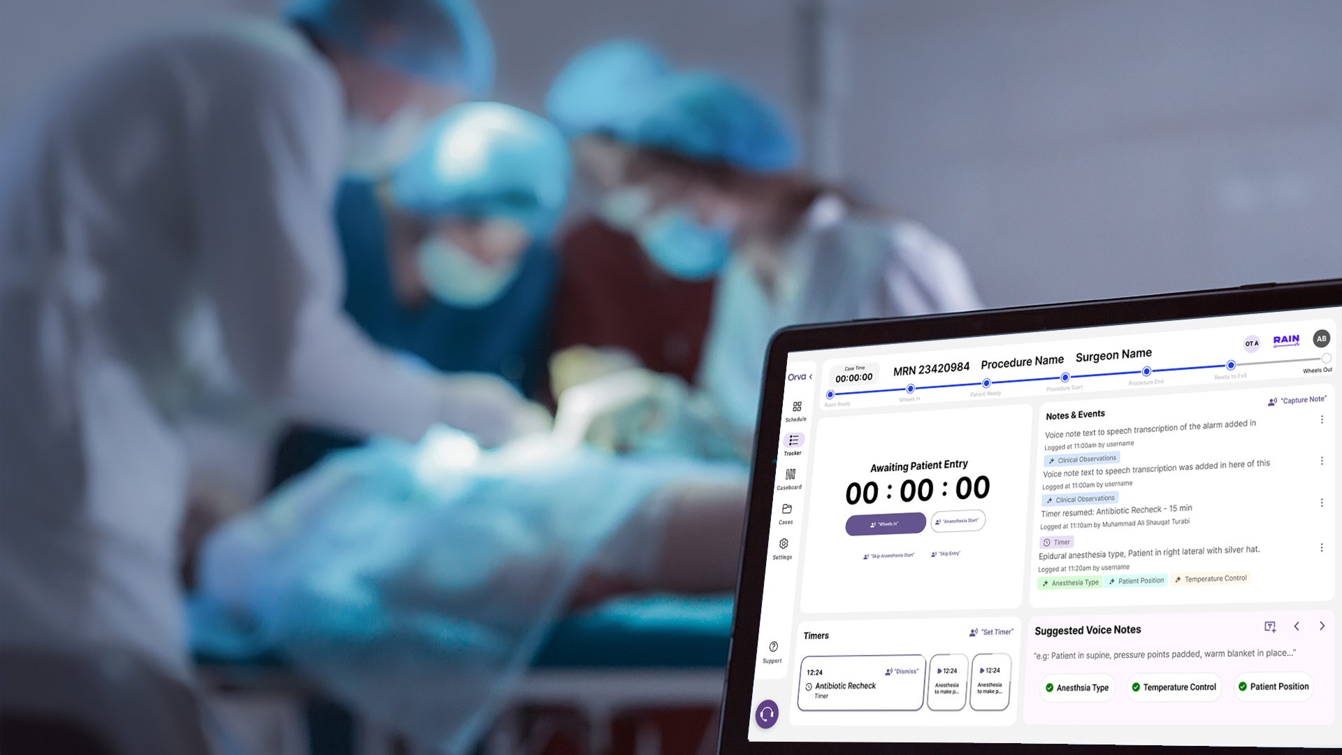Orva in use during a live surgical procedure — tablet interface visible in the operating theatre